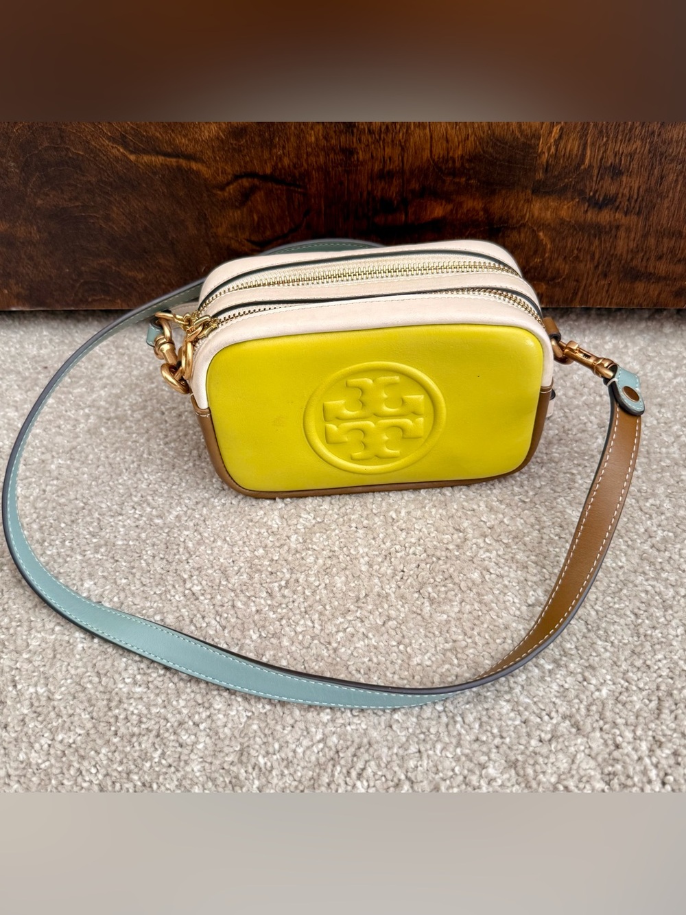 Tory Burch Yellow Leather Camera Crossbody with Multicolor Trim